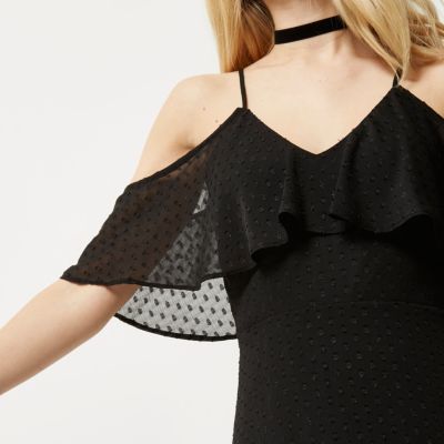 Black spot mesh cold shoulder dress
